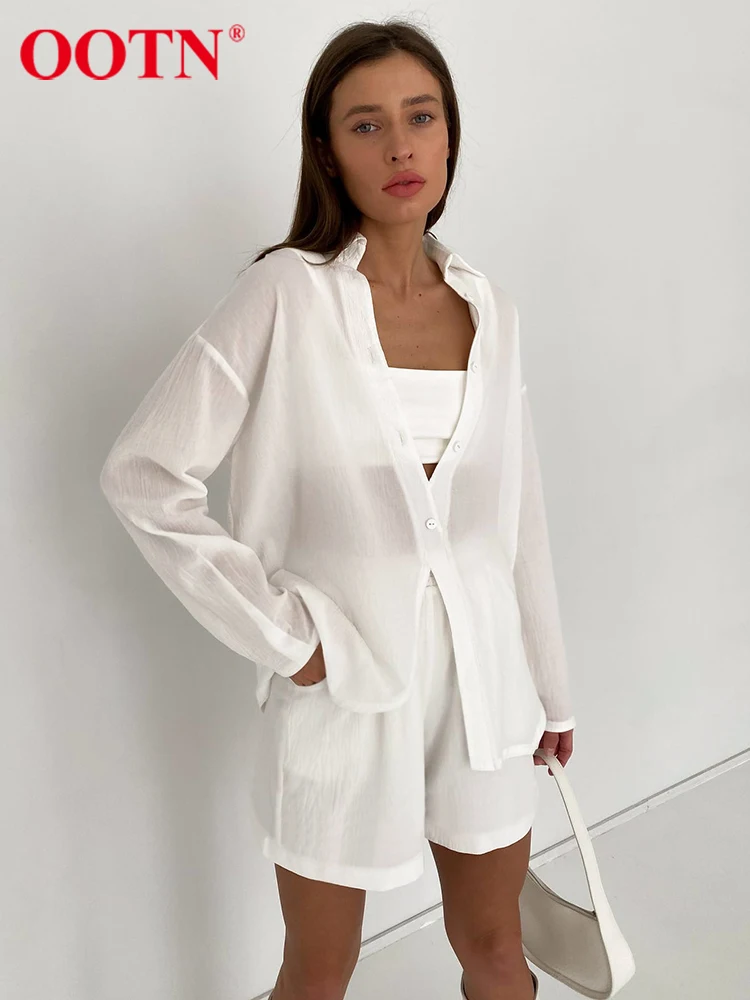 

OOTN Casual Shorts Sets Thin Sports 2 Pieces Cotton Linen Summer Holiday Loose Lapel Shirt Elastic Waist Wide Shorts Women Suits