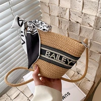 designer letter print straw shoulder bags for women silk scarf straw woven crossbody bag summer braid beach bag bucket bolso new