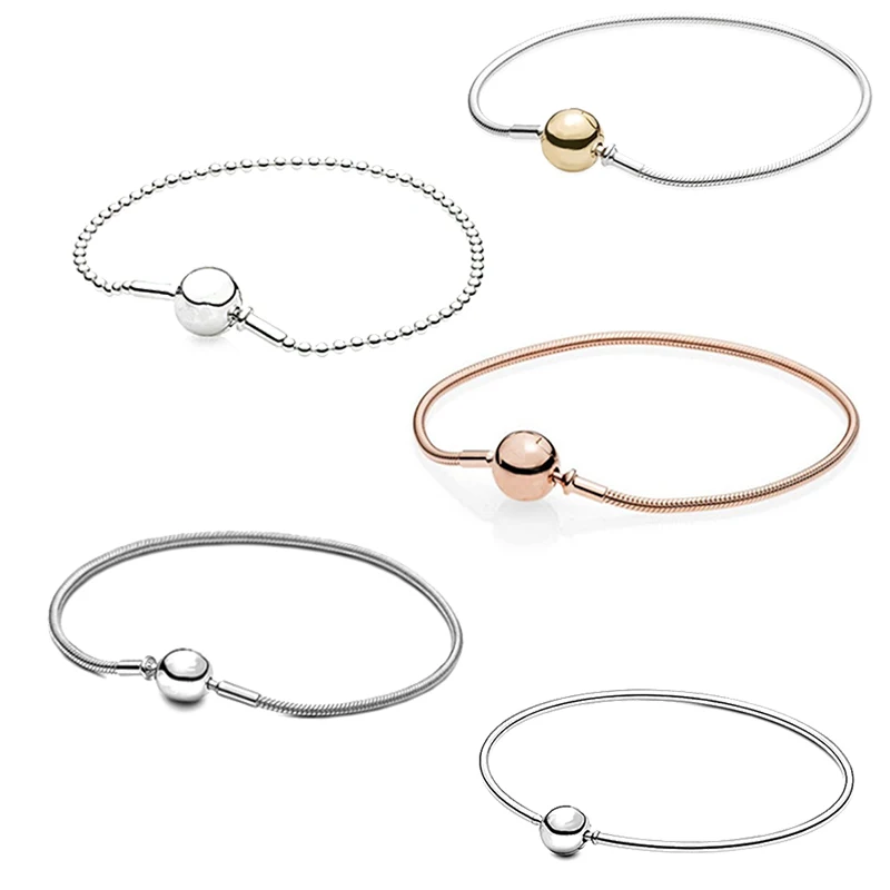 

High Quality S925 Sterling Silver Rose Gold Snake Bone Ball Bracelet fit Original Pandora Jewelry