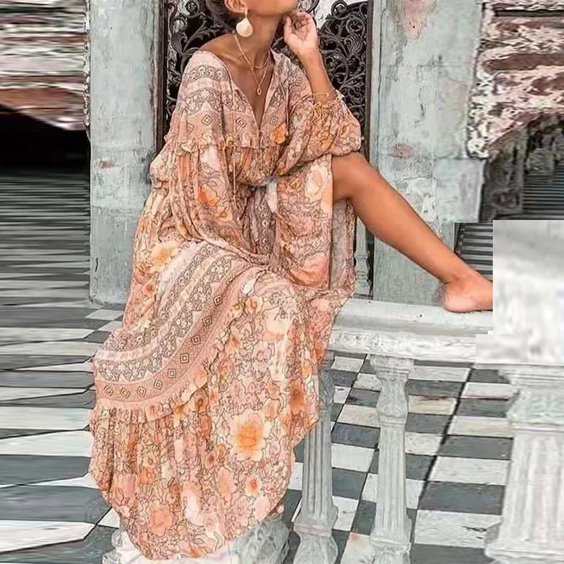 Платье женское длинное с V-образным вырезом пикантное винтажное свободное