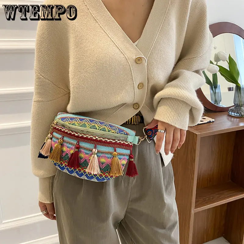 Folk Style Woven Messenger Bag Women's Tassel Waist Bag Retro Leather Shoulder Bag Xinkan Ladies Shoulder Bag Fashion Trend New