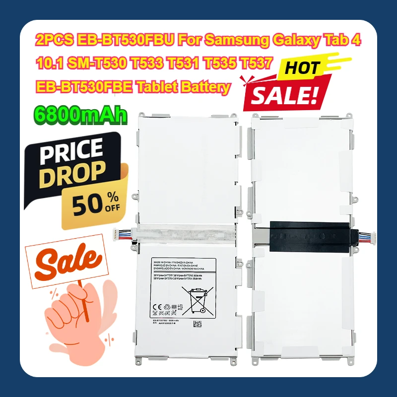 Фото 2 шт. EB-BT530FBU для Samsung Galaxy Tab 4 10,1 SM-T530 T533 T531 T535 T537 EB-BT530FBU EB-BT530FBE, аккумулятор для планшета, 6800 мАч №1