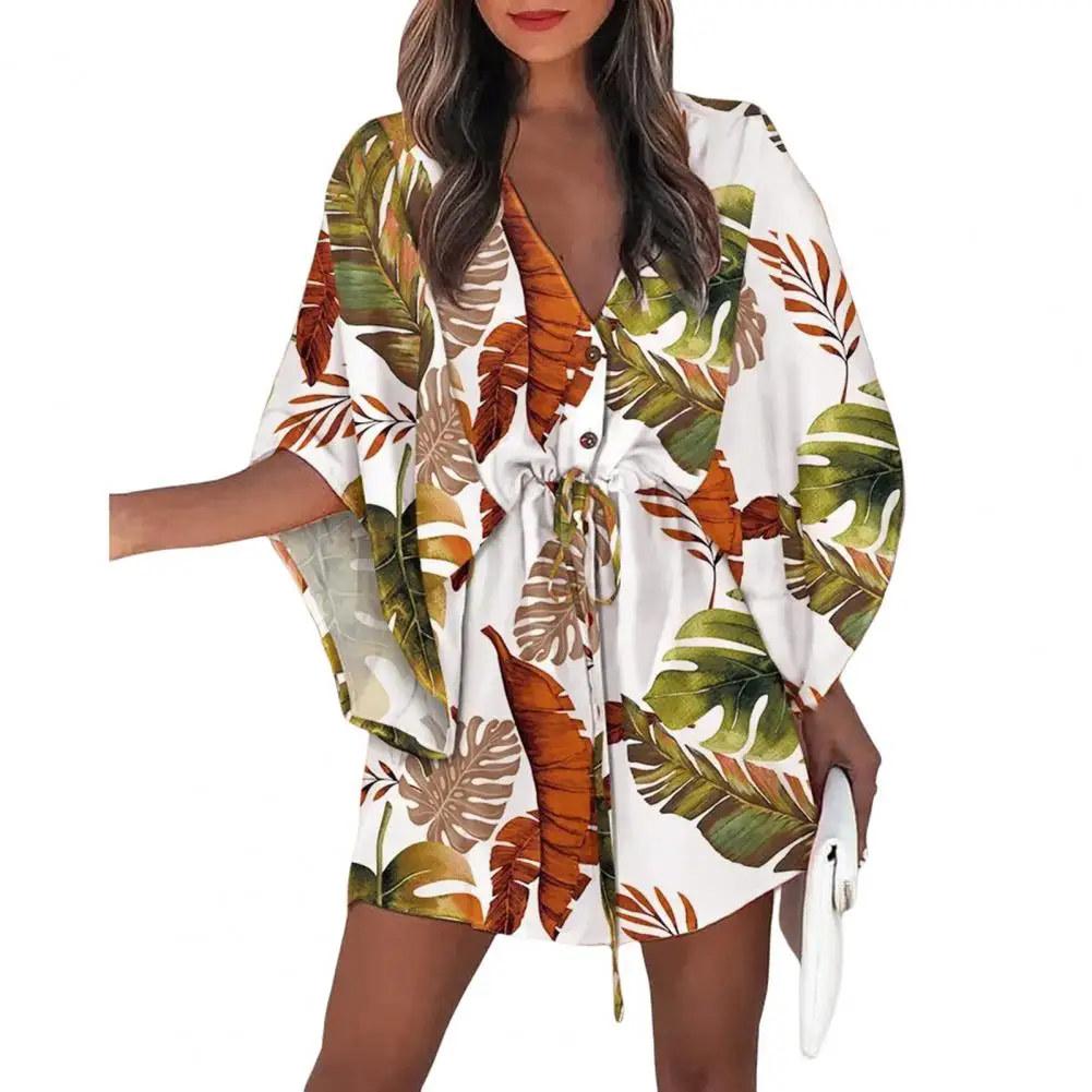 

Summer V-Neck Irregular Women Mini Dress Tight Waist Contrast Color Casual Flying Sleeve A-line Beach Dress Female Vestidos 2022