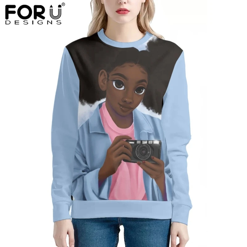 

FORUDESIGNS Autumn Ladies Oversized Long Sleeve Hoodies African Girls Cartoon Pattern Pullover for Women Blue Print Sweatshirt