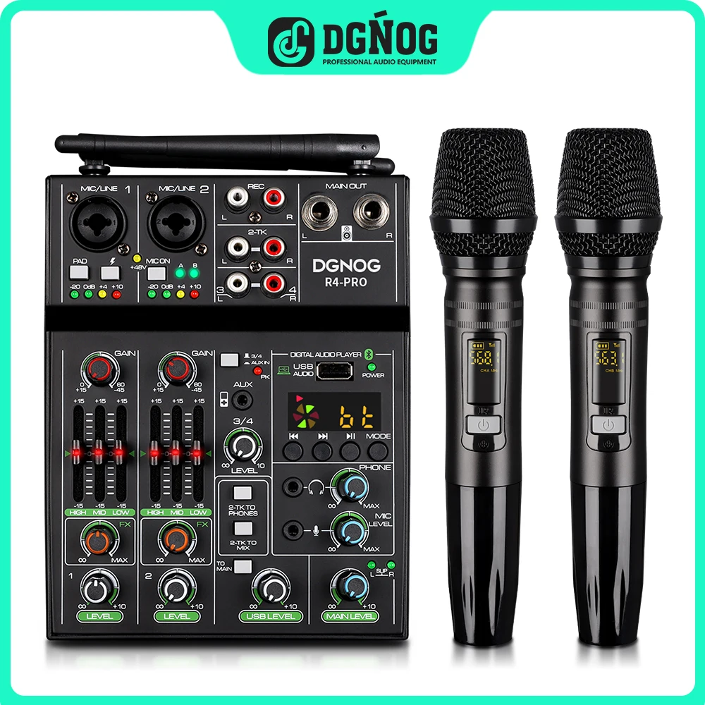 DGNOG R4-PRO 4-channel Audio Mixer Wireless Microphone USB Bluetooth Rec DJ Console for Home Karaoke Stage Recording Studio
