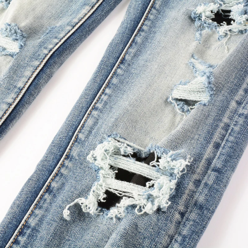 Fashion Streetwear Men Jeans Retro Light Blue Stretch Slim Fit Hole Ripped Jeans Men Brand Patch Designer Hip Hop Pants Hombre