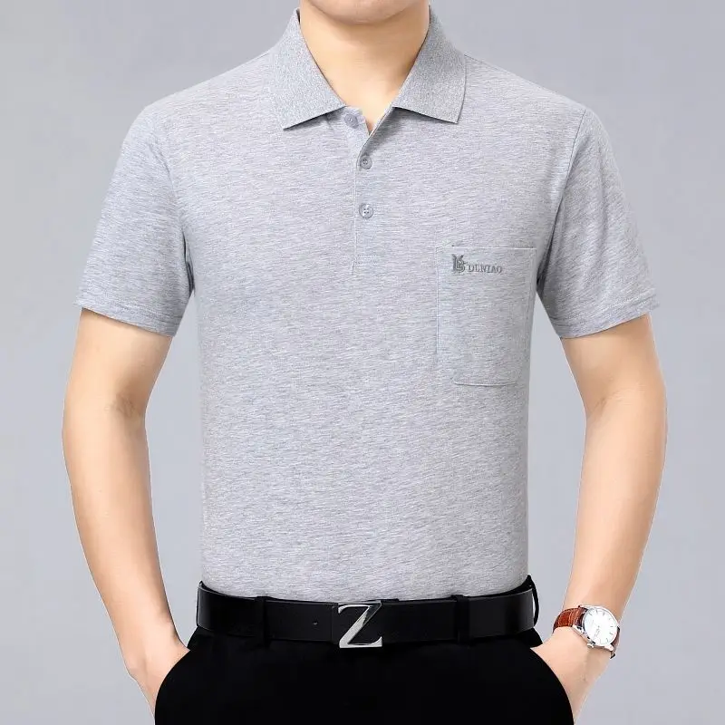 

Summer New Fashion Trend Loose and Comfortable Oversized Men's Cotton Solid Lapel Pocket Embroidered Short Sleeve polo Shirt