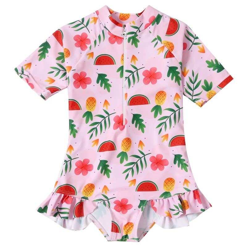 

Kids Little Girl's One Piece Swimsuit Zipper Front Rash Guard Short Sleeves Children Swimwear For Baby Little Girl Bathing Suit