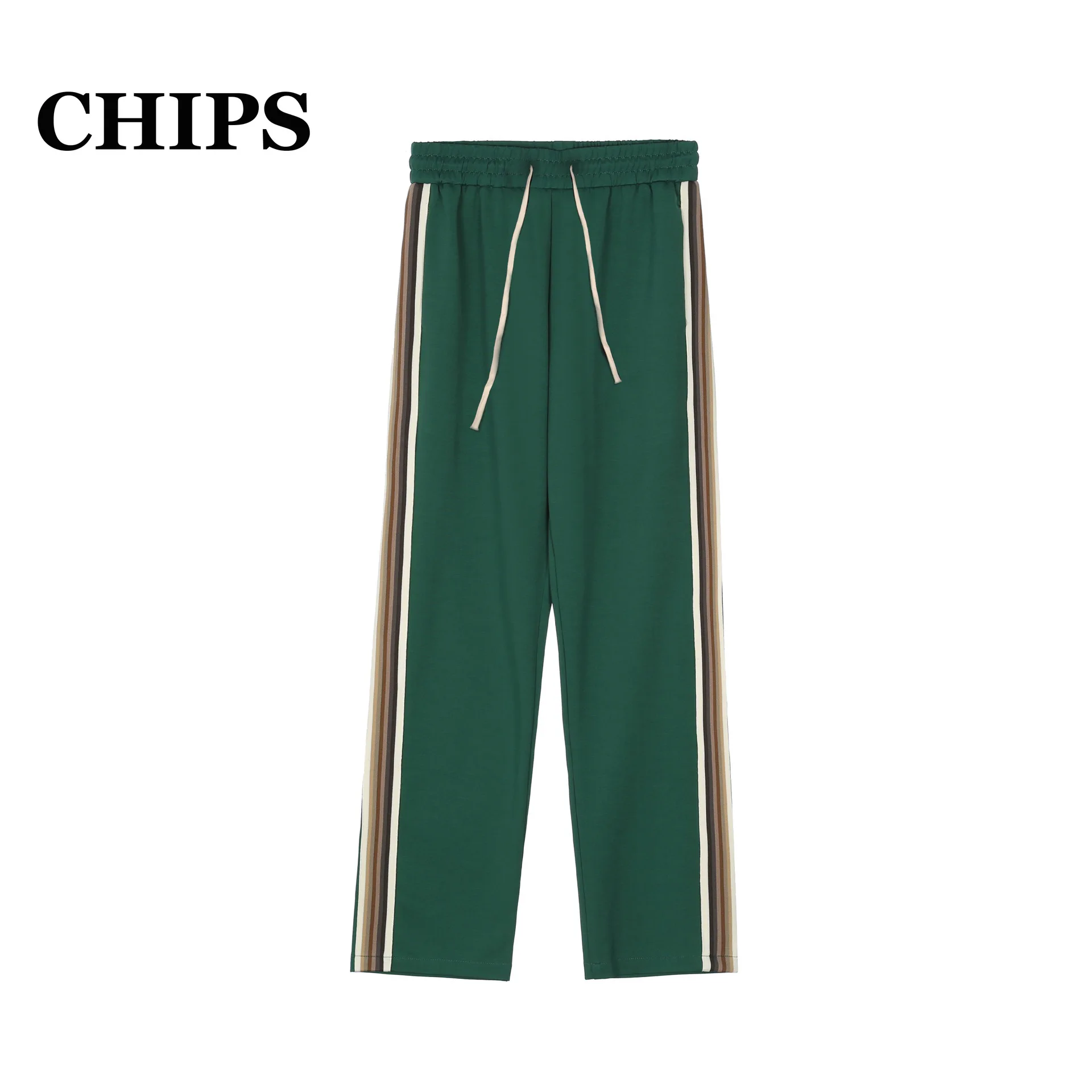 

CHIPS Color Stripe Men Harajuku Streetwear Hip Hop Loose Figure Print Vintage Straight Pants Casual Leg Fashion Green Trousers