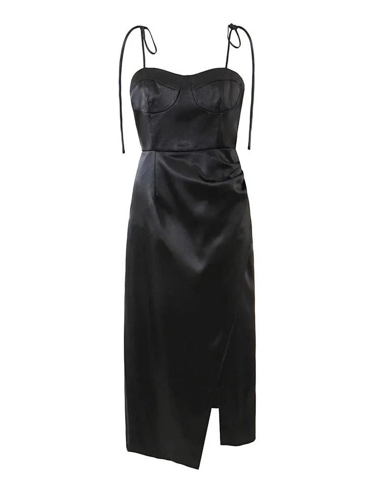 

Merodi шикарное дамское праздничное платье на бретельках с высокой талией, эластичное однотонное длинное платье для девушек, модное сатиновое...