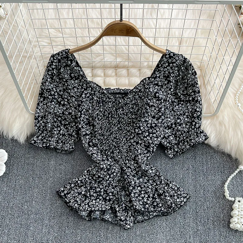 

Puff Sleeve Top Boho Chiffon Floral Ruffle Blouse Vintage Crop Shirt Summer Korean Peplum Tops 2022 Short Sleeve Blouses Women