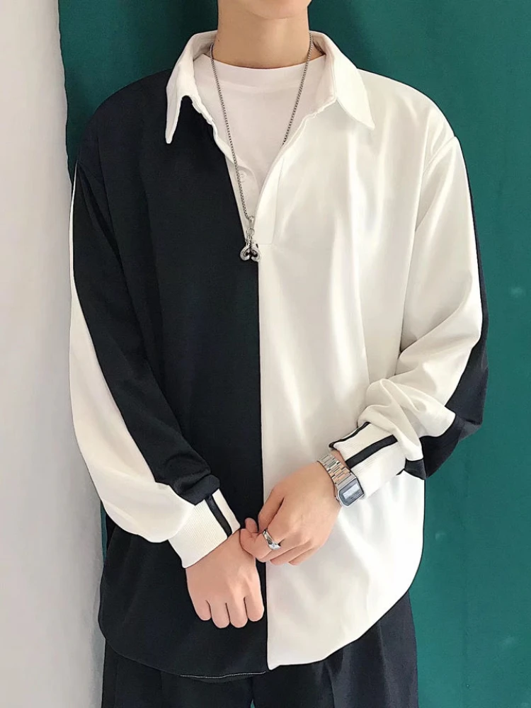 

ZCSMLL white black patchwork loose women shirt turn-down collar long sleeve top korean fashion casual men's blouse