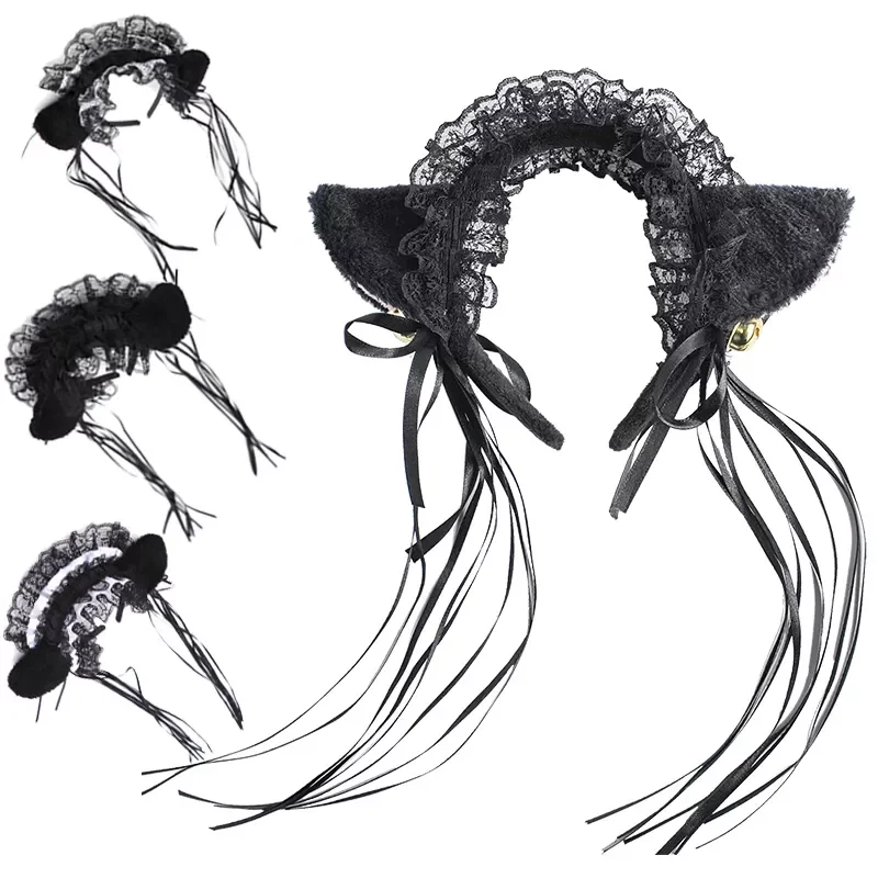 

Повязка на голову с бантом женская, кружевная лента с кисточками и кошачьими ушками, обруч для волос в стиле «лолита»