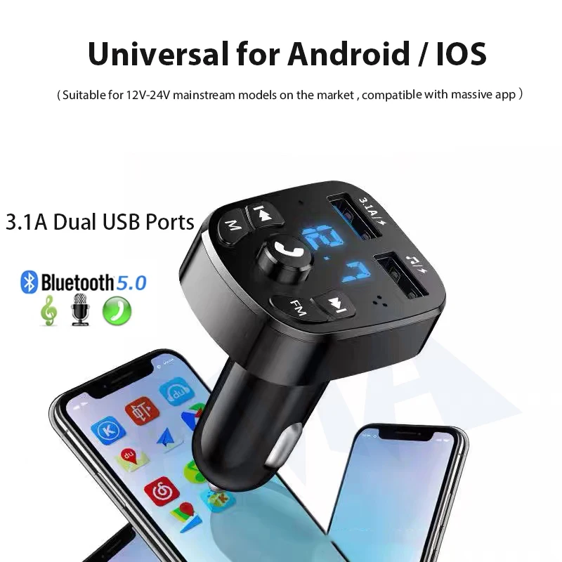 

Dual USB Car Charger Cigarette Lighter QC3.0 Fast Charger Wireless Bluetooth 5.0 FM Transmitter MP3 Music TFCard U Disk 12V/24V
