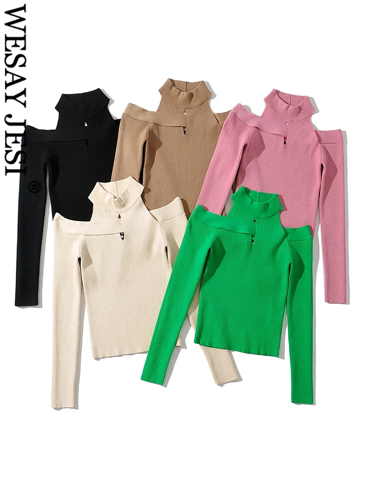 

WESAY JESI Women's Solid Off-Shoulder Off-Back Halter Street Knit Sweater Long Sleeve Slim Sweater Female Retro Sexy Chic Top