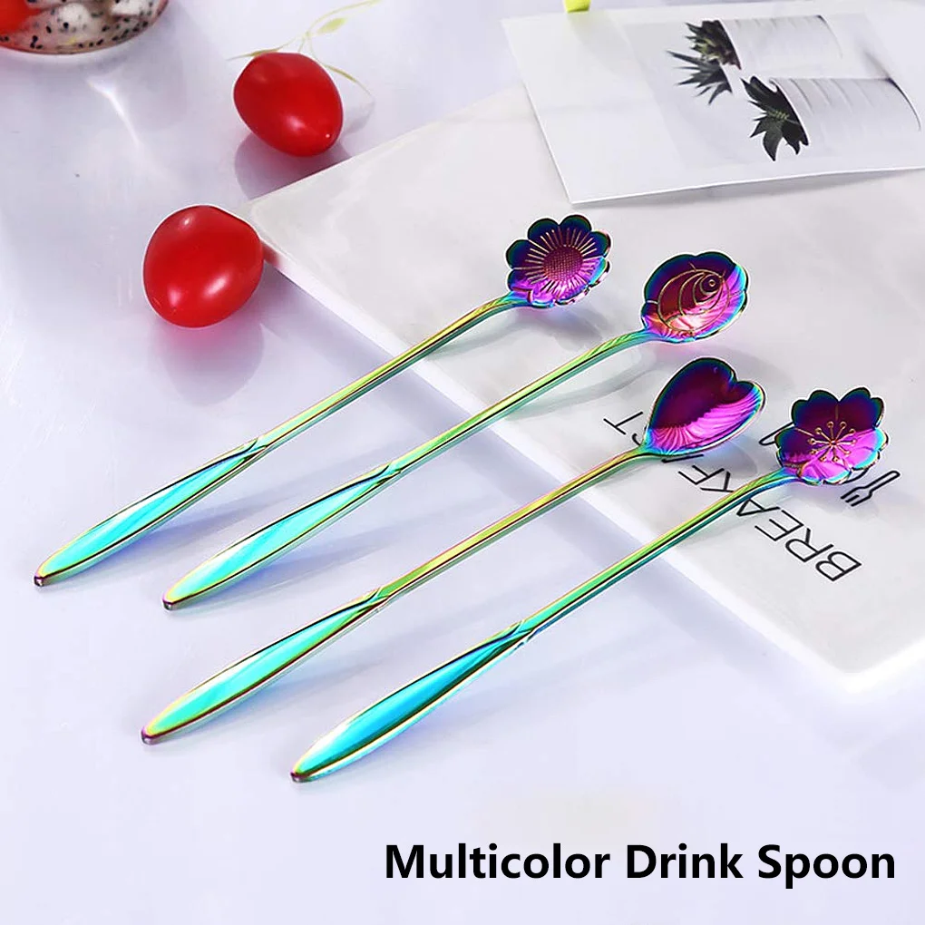 

9Pcs Creative Coffee Spoon stainless steel Colorful Stirring Milk Teaspoon Dessert Ice Cream Spoon Tableware Flowers Design