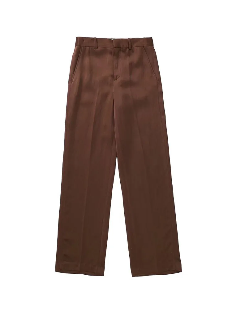 

2022 Women New Fashion satin texture Side Pockets Straight Pants Vintage High Waist Zipper Fly Female Trousers Mujer