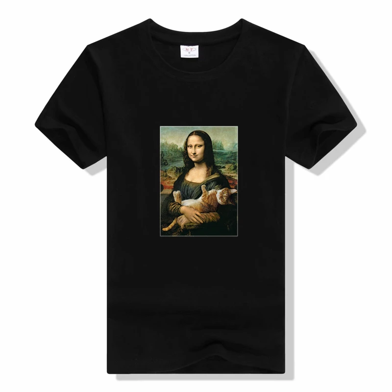 

funny Mona Lisa Hugging Cat Lovely Printed T-Shirt For Women'S Crewneck Gothic Women Tshirt Casual Cute Kawaii Tee Shirts