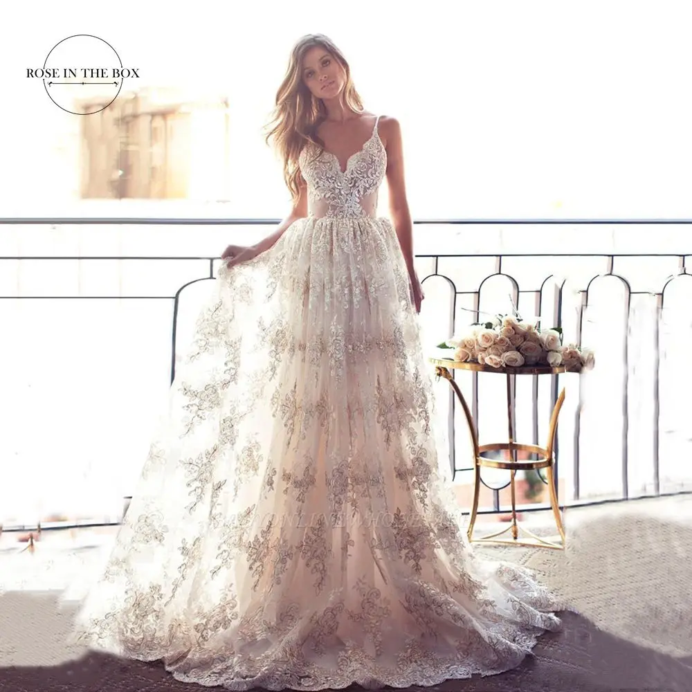 

Bohemian Lace Beach Wedding Dress 2022 Vestido de Noiva Romantic Spaghetti Straps V Back Boho Bridal Gowns Sexy Robe de Mariee