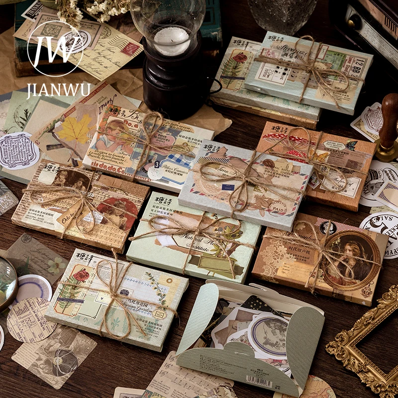 JIANWU 60 Pcs Vintage Art Frame Stickers Multi-material Writing Paper Scrapbooking Decoration Diary Stickers Kawaii Stationery