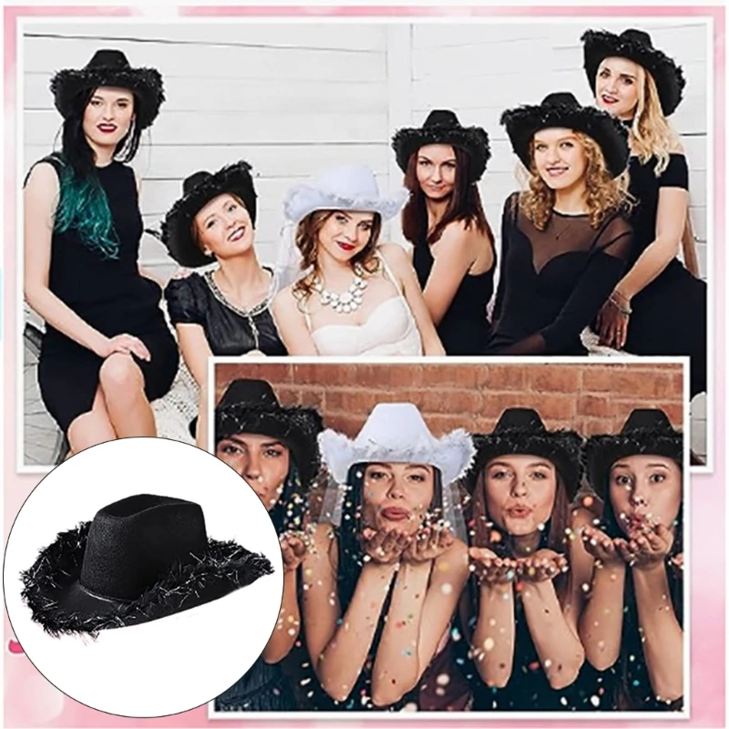 

Шляпа в стиле ковбой с перьями. Комплект блестящей ковбойской шляпы с мишурой для невесты и подружек невесты.