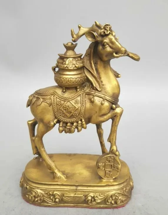 

Chinese Exquisite carving brass Sika deer wealth statue