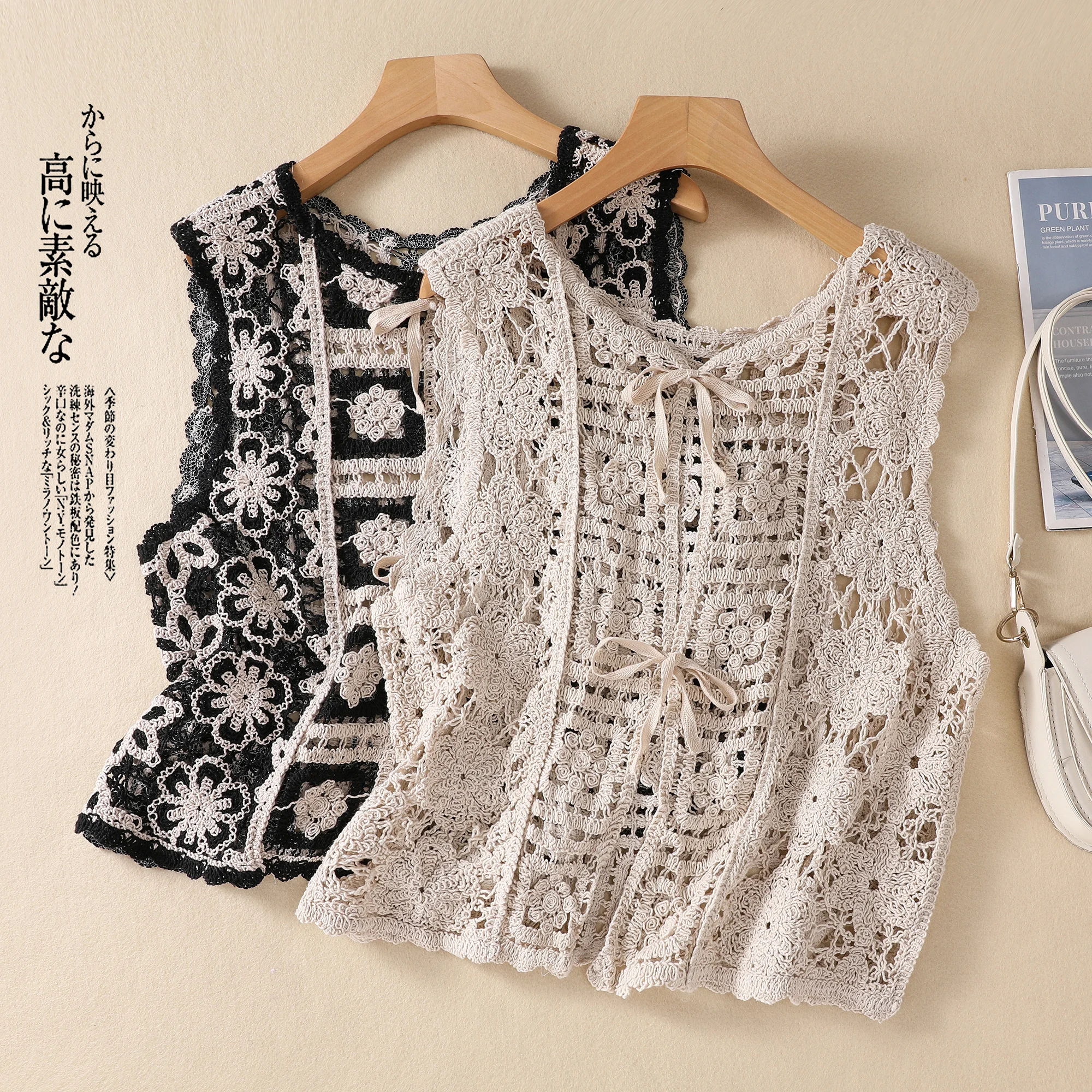 

Autumn Lace Hook Flower Hollow-out Front and Back Short Women's Loose Sleeveless Versatile Folding Lace Cardigan Vest