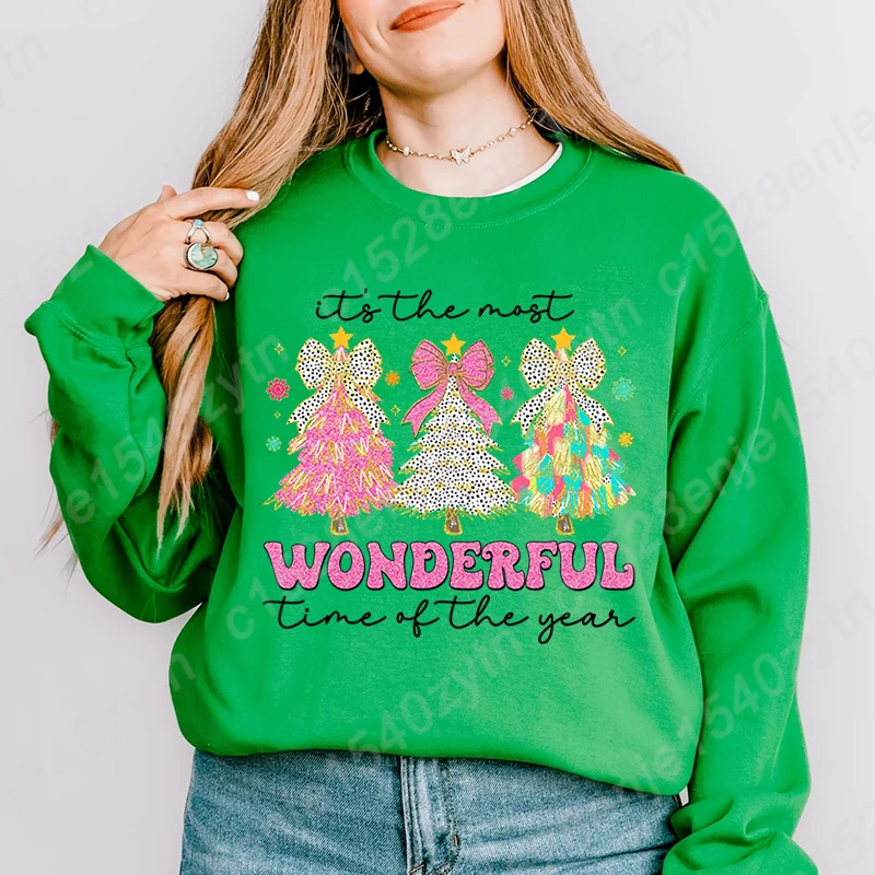 Christmas Tree It's The Most Wonderful Time Of Year Print Pullover Women Casual Hoodless Sweatshirt Pure Color Crew Neck Top