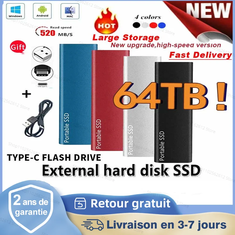 

Portable 100% Original SSD 64TB Hard Drive 1TB/2TB/4TB/16TB/64TB External SSD Hard Drive Type C USB3.1 Hard Disk USB Flash Drive
