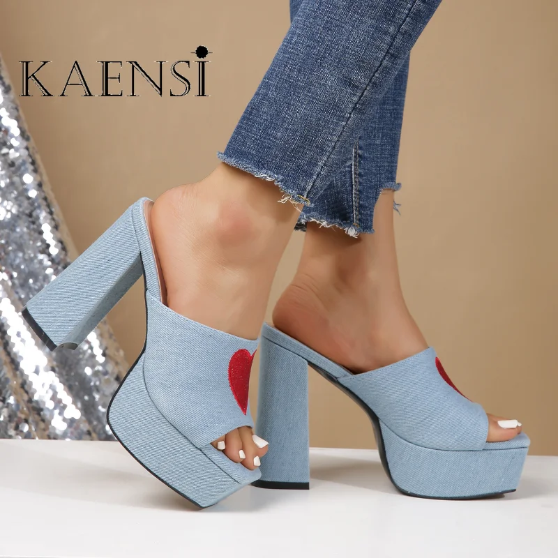 Womens Shoe Fashion Summer  Slippers Open Toe Chunky Block Super High Heels Platform Modern Slides Party Date Heart Shoes Ladies