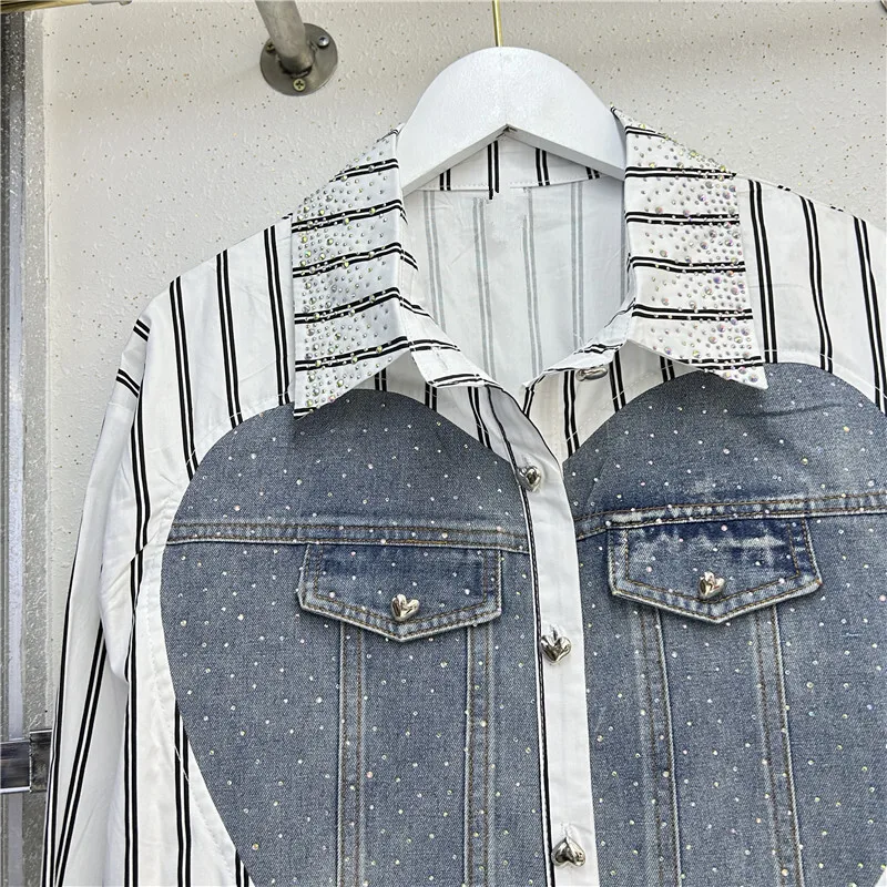 DEAT женская рубашка свободная лоскутная джинсовая с пуговицами в полоску и