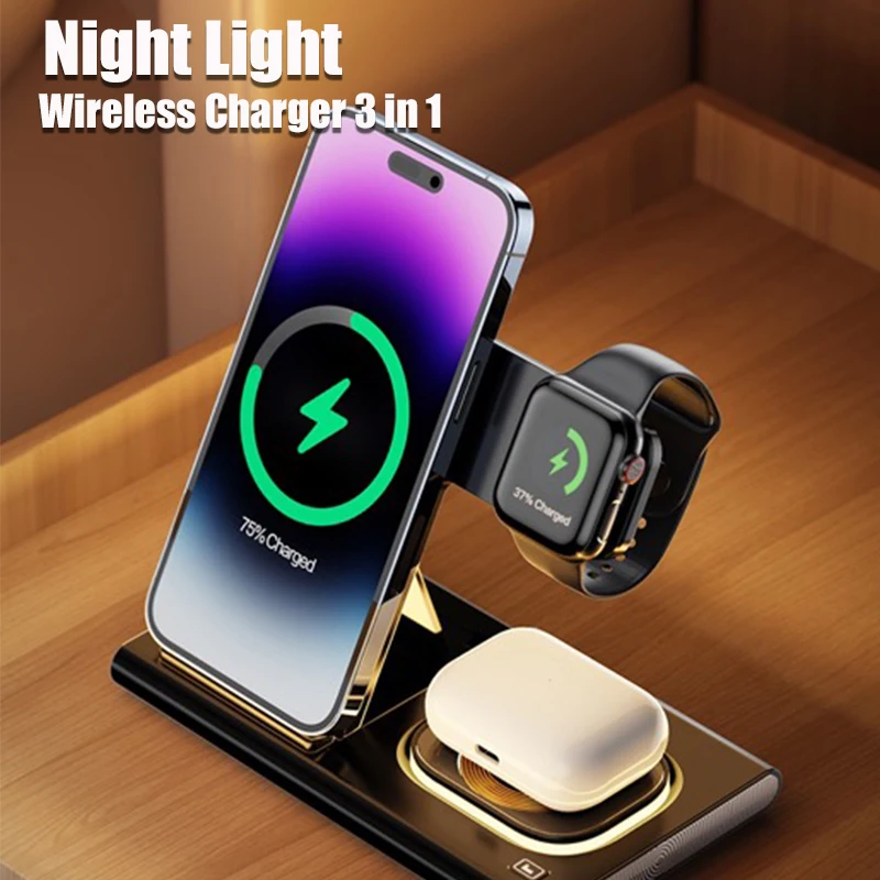 

Wireless Charger 3 in 1 with Night Light 15W Foldable Fast Charging Station for iPhone 14 13 Samsung All Phones iWatch Airpods