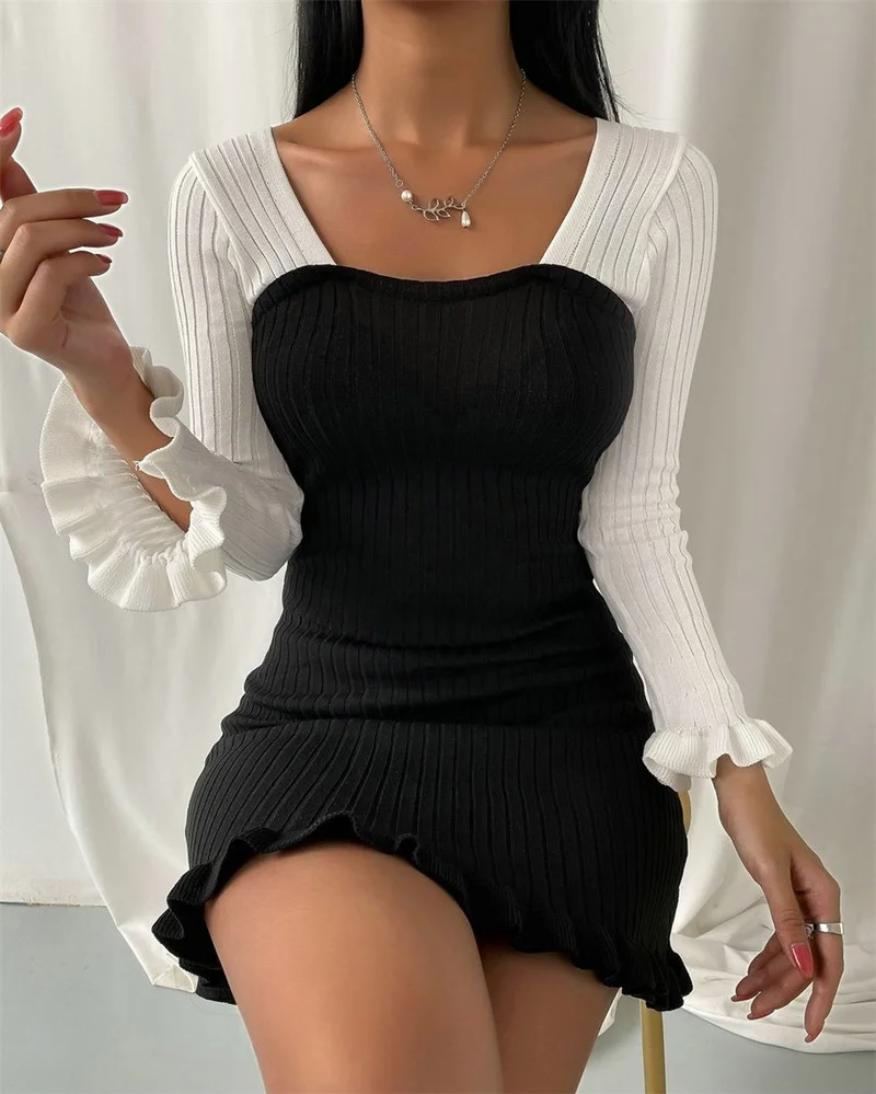 

New Fashion Women Spring Autumn Skinny Dress Color Matching Design Bow Decor O-Neck Long Sleeve High Waist Slim Hip Mini Dress