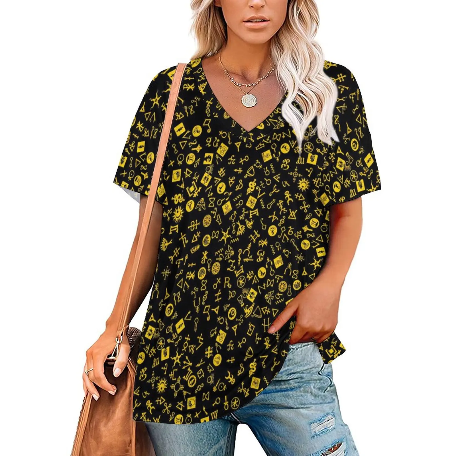 

Yellow And Black Astrology T Shirts Symbolicon V Neck Casual Oversized T Shirt Short Sleeve Ladies Retro Tee Shirt Print Tees