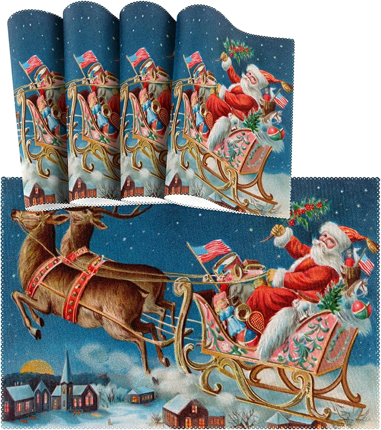 

Christmas Holiday Placemats Set of 4 Santa Clause Reindeer Vintage Style Snowflake Heat Resistant Washable Table Place Mats