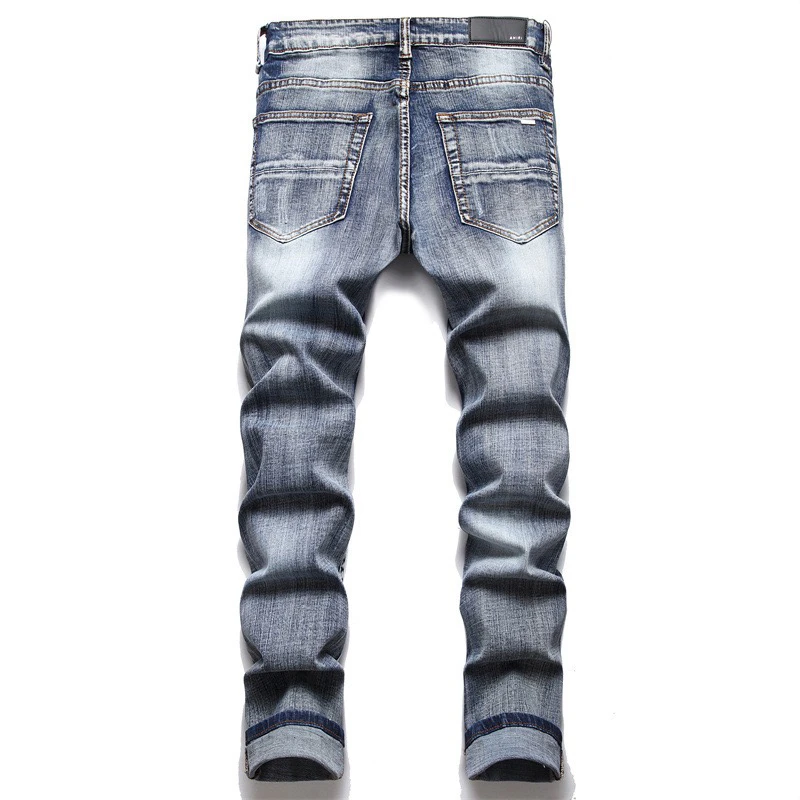 EH·MD® Ripped Scraped Jeans Embroidered American Flag Micro Seal Soft Light Blue Cat Whisker High Street Fashion High Stretch