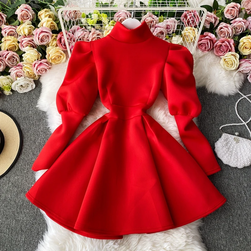 Gaganight Women French A line Big Swing Dress Female 2021 Autumn New Korean Temperament Ladies Puff Sleeve Waist Slimming | Женская