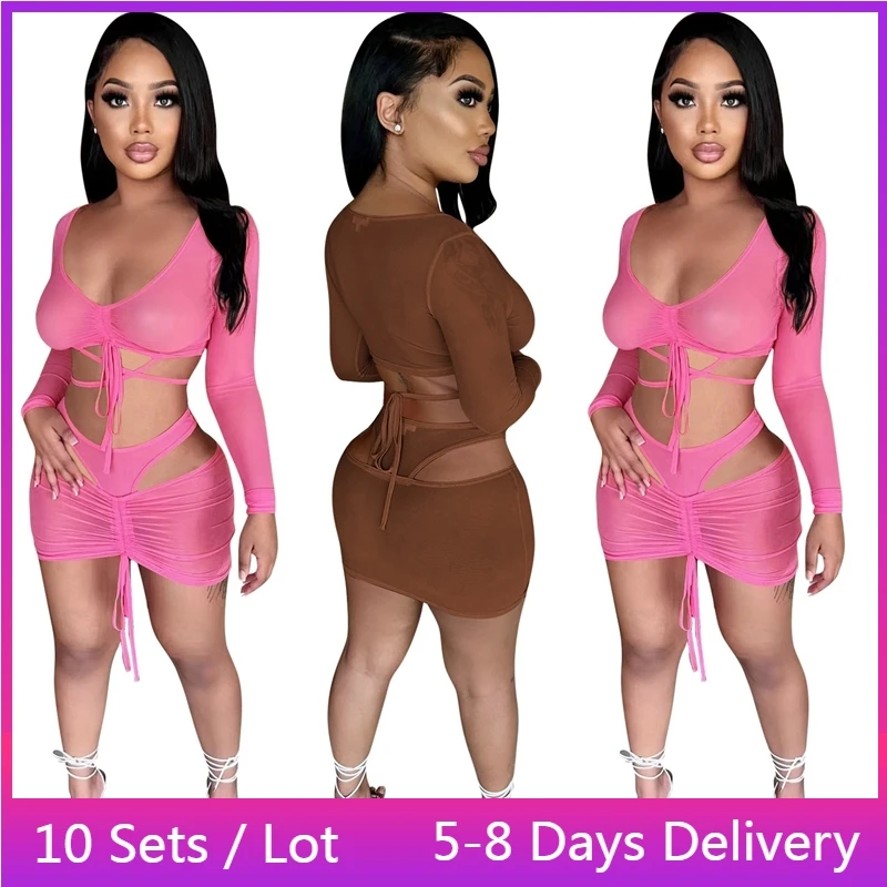 

Оптовая продажа товаров, сетчатый комплект из двух предметов, женский сексуальный клубный наряд на шнуровке для женщин, прозрачный ажурный короткий топ, комплекты мини-юбки