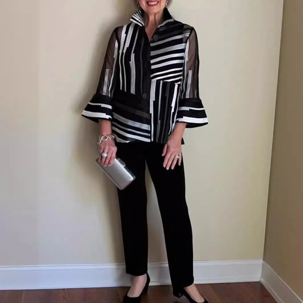 Рубашка с принтом на пуговицах и лацканах топ расклешенными рукавами брюки