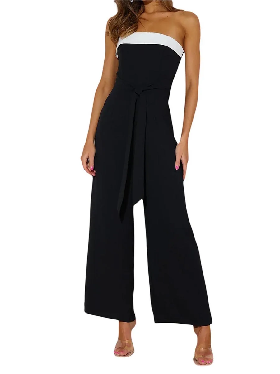Women Sleeveless Jumpsuit Lightweight Contrast Color Comfortable  Strapless Wide Leg Pants Rompers Summer Streetwear Clubwear
