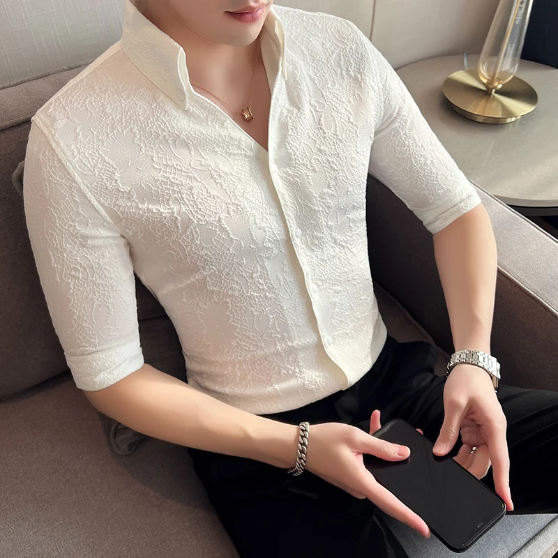 High Quality V-neck Dress Shirts For Men Summer Spring Half Lseeve Embossing Mens Floral Shirt Stage Party Tuxedo Formal Wear