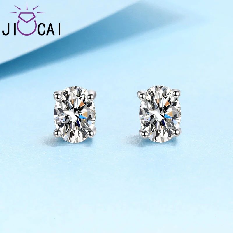 

JICAI 100% Real 925 Silver 2 Carat D Color Moissanite Diamond Stud Earrings Oval Shape Test Passed for Fine Jewelry Couple Gift