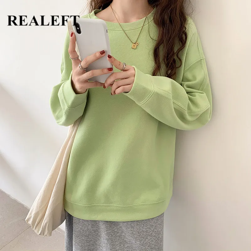 

REALEFT Autumn Winter Fleece Women's Sweatshirts 2021 New Long Sleeve O-Neck Casual Loose Minimalism Pullovers Outwear Female