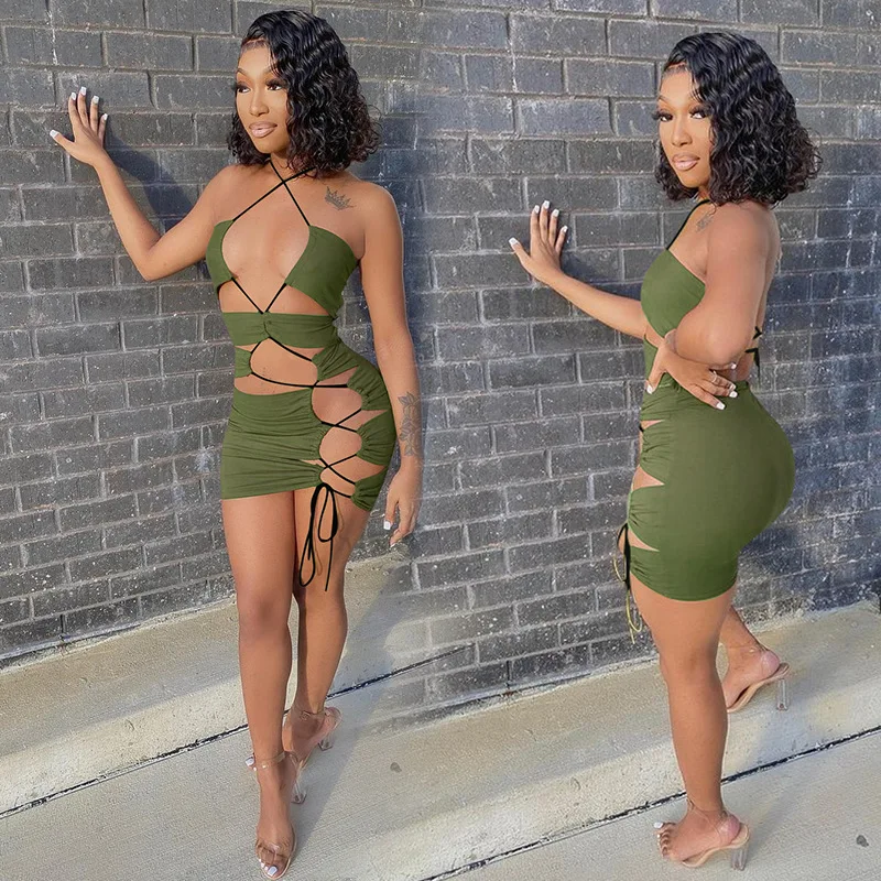 

Club Sexy Hollow Out Drawstring Lace Up Bodycon Summer Mini Dress for Women Party Outwear Night Birthday Backless Black Dresses