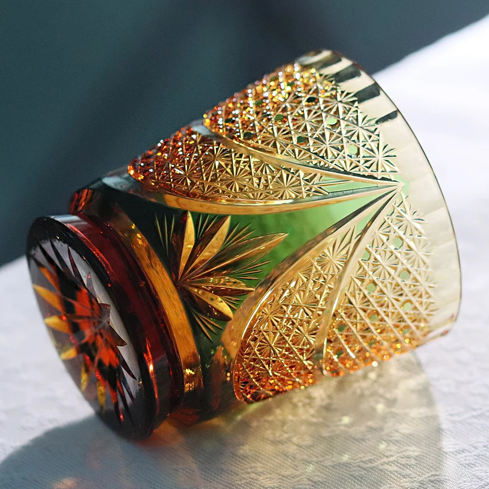 Фото Японский стакан для виски Amber Green 24% Lead Crystal Hand Cut Edo Kiriko, 330 мл, ручной работы, для крепких напитков и напитков в японском стиле №5