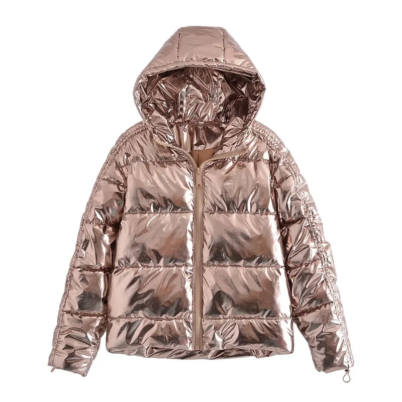 Winter Warm Shiny Thick Puffer Down Jacket Women's Metallic Long Sleeve Hooded Zipper Warm Puff Jacket