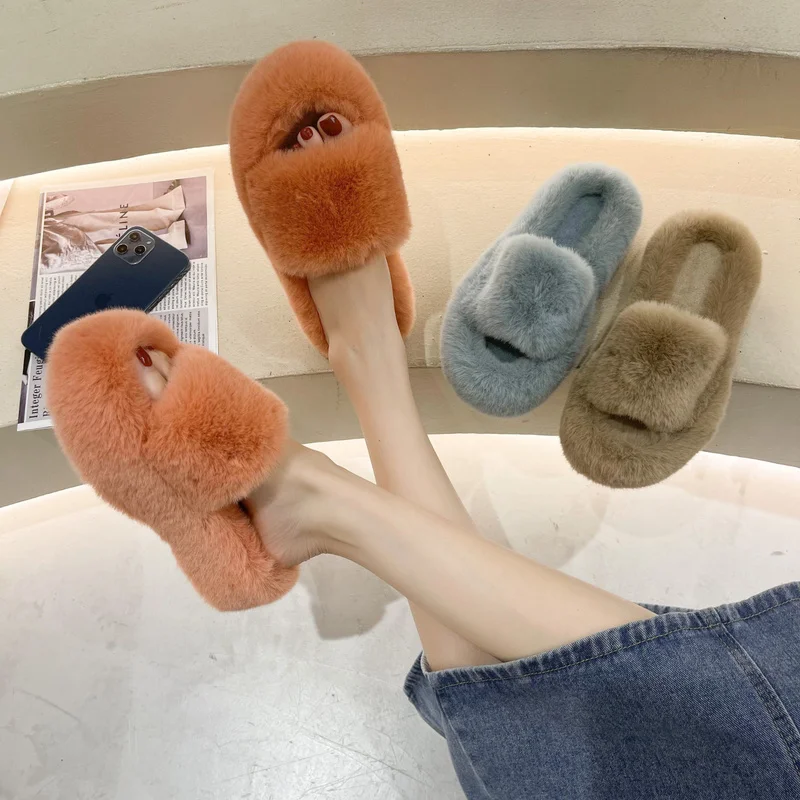 

2022 New Fluffy House Slippers Women Cozy Rabbit Fur Flip Flops Open Toe Slippers Soft Slippers House Floor Platform Slippers