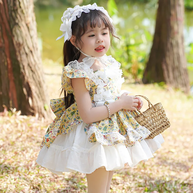 

Lolita Style Children Grils' Dress Printing Cotton Lace Bowknot Backless Dress Princess Baby Girls Skirt Headdress Summer