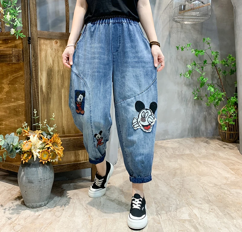 2023 Spring Summer Thin Loose Jeans Women Cartoon Pattern Harem Pants Cropped Pants High Waist Casual Pants Female Baggy Jeans