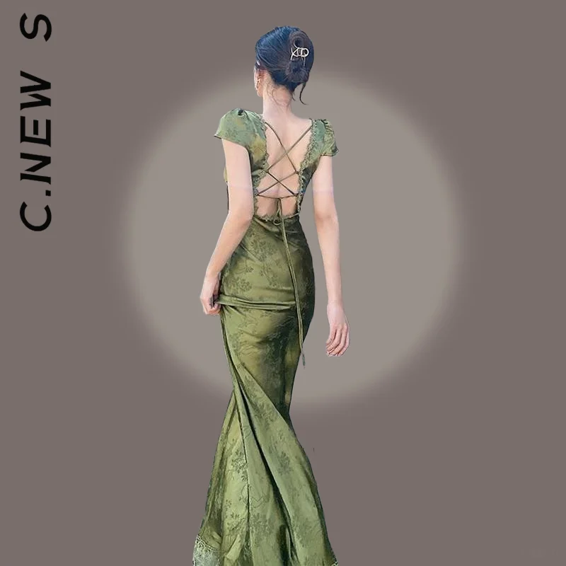 

C.New S Dress Women Fashion Vintage Backless Sexy Maxi Dress Harajuku Elegant Outfits Basic Club Female Vestidos Dresses Woman